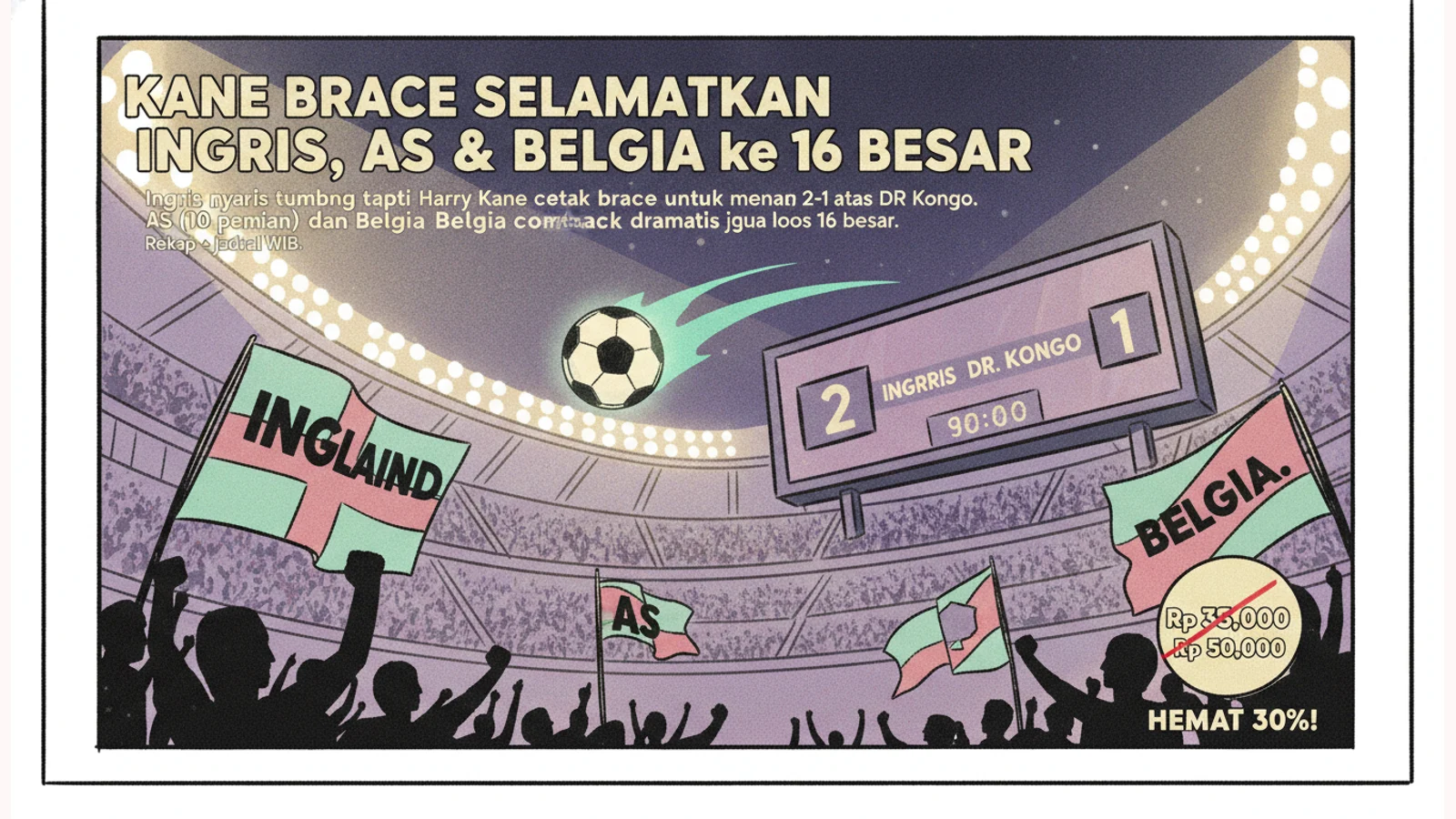 Kane Brace Selamatkan Inggris, AS & Belgia ke 16 Besar